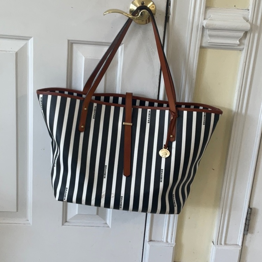 BrahminBlack and White Striped Tote Bag